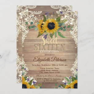 Rustic Lights,Lace Sunflowers Sweet 16 Party Invitation