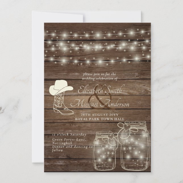 Rustic Lights Mason Jars Wood Cowboy Boot Hat Invitation (Front)