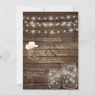 Rustic Lights Mason Jars Wood Cowboy Boot Hat Invitation