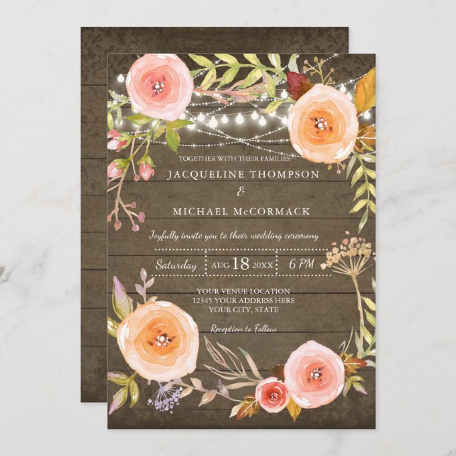 Rustic Lights n Wood Bridal Shower Floral Wreath Invitation (Front/Back)