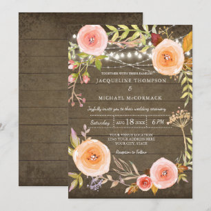 Rustic Lights n Wood Bridal Shower Floral Wreath Invitation