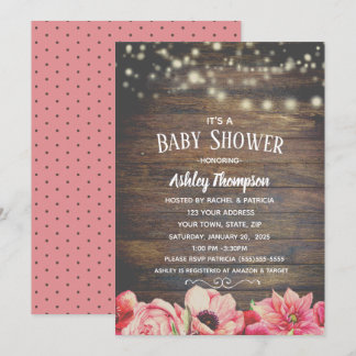 Rustic  Lights Pink and Brown Baby Shower      Invitation