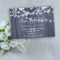 Rustic lights snowflakes winter wedding save date