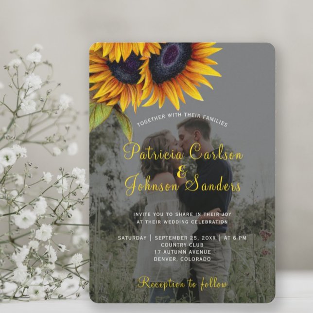 Rustic lights sunflower 2 photos wedding invitation (Creator Uploaded)