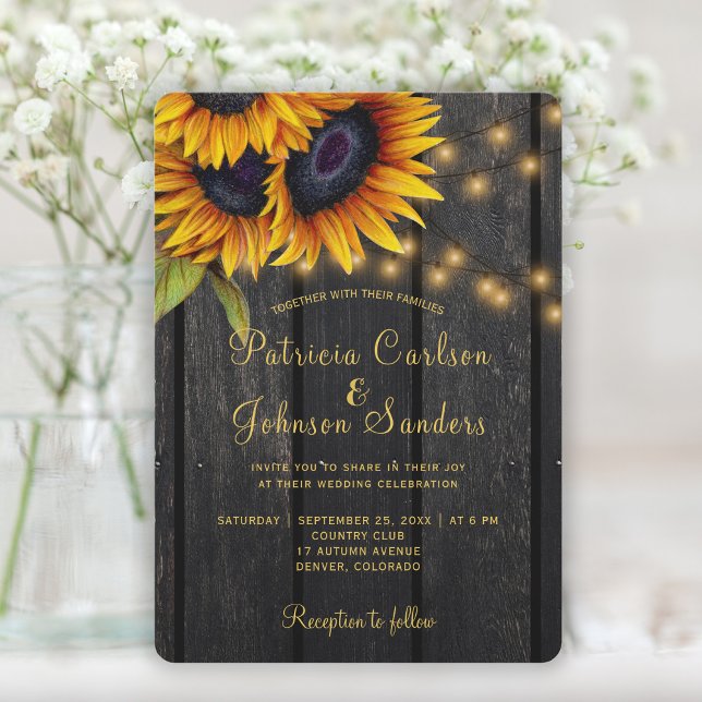 Rustic lights sunflower barn wood wedding invitation (Creator Uploaded)