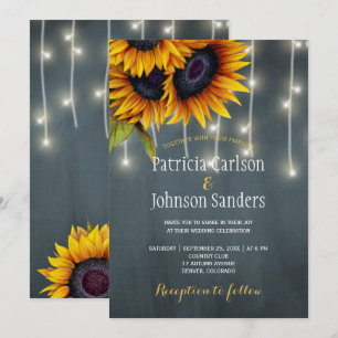 Rustic lights sunflower navy chalkboard wedding invitation
