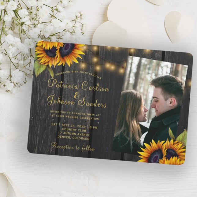 Rustic lights sunflower wood photo wedding invitation (Creator Uploaded)