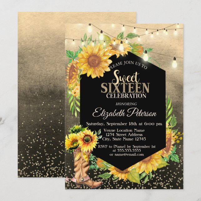 Rustic Lights,Sunflowers Country Sweet 16  Invitation (Front/Back)