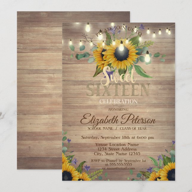 Rustic Lights, Sunflowers Wood Sweet 16 Party  Invitation (Front/Back)