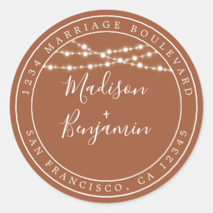 Rustic Lights TerraCotta Wedding Return Address Classic Round Sticker