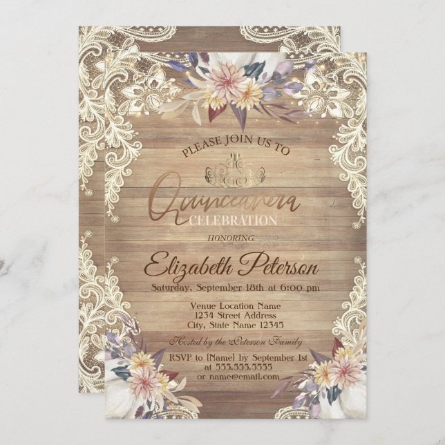 Rustic Lights,Tiara,Lace Pumpkin Flowers Quinceañe Invitation (Front/Back)