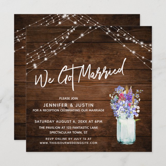 Rustic Lights We Got Married Wildflowers in Jar Invitation (Front/Back)