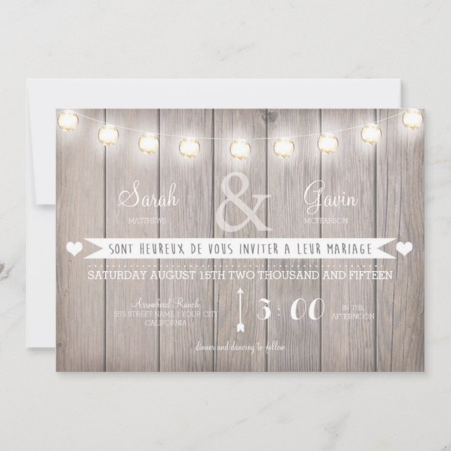 Rustic Lights Wedding Invitation in French (Front)