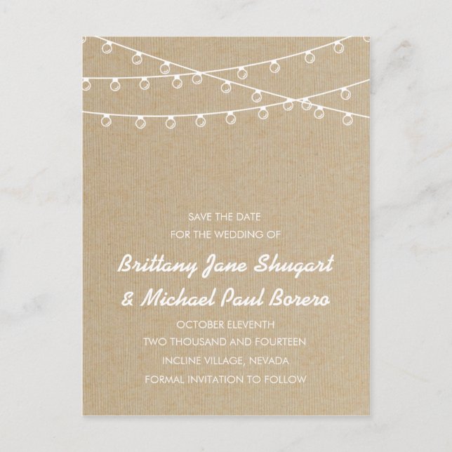Rustic Lights White Save the Date Announcement Postcard (Front)