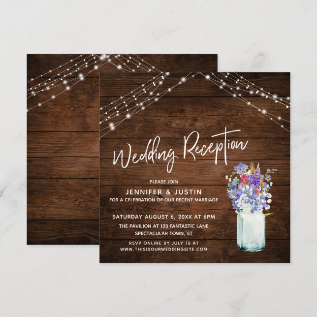 Rustic Lights Wildflowers in Jar Wedding Reception Invitation (Front/Back)