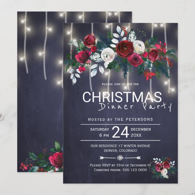 Rustic Lights Winter Floral Christmas Dinner Party Invitation (Front/Back)