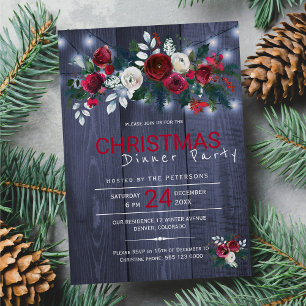 Rustic lights winter floral Christmas dinner party Invitation