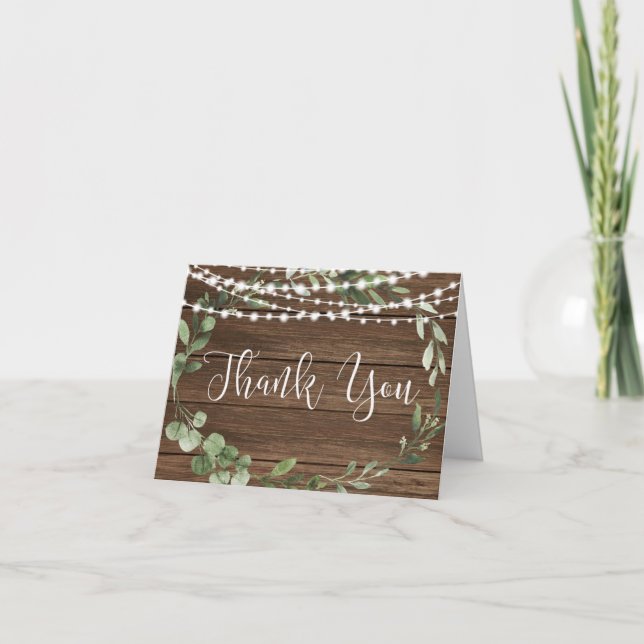 Rustic lights wood greenery wreath thank you card (Front)