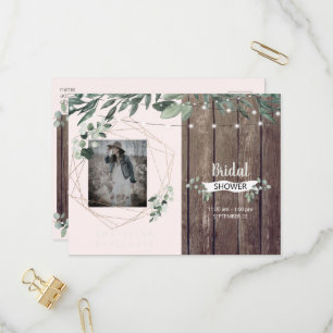 Rustic Lights & Wood Photo Blush Bridal Shower Invitation Postcard