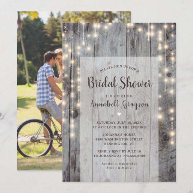 Rustic Lights Wood Photo Bridal Shower Invitation (Front/Back)