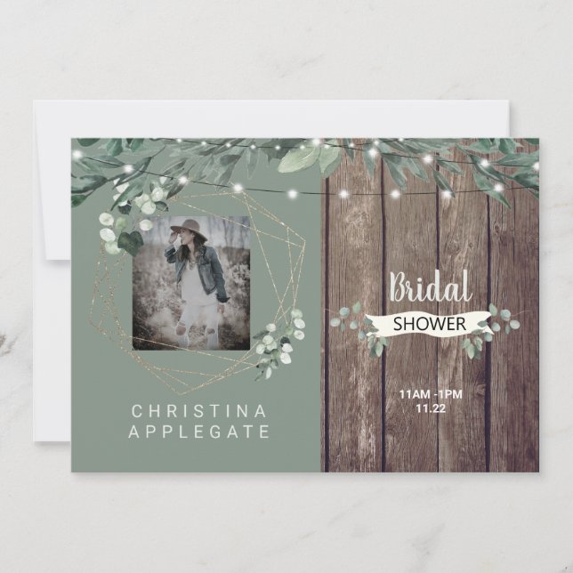 Rustic Lights & Wood Photo Sage Bridal Shower Invitation (Front)