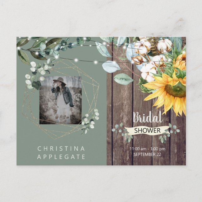 Rustic Lights Wood Photo Sage Bridal Shower  Invitation Postcard (Front)