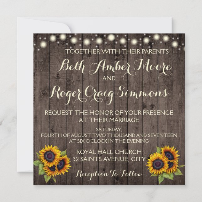 Rustic Lights Wood Sunflower Wedding Invitation (Front)
