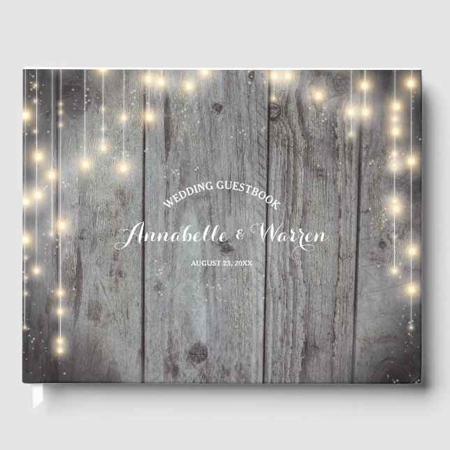 Rustic Lights Wood Wedding Guest Book (Front)