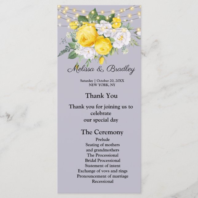 Rustic lights Yellow Floral  Menu.Wedding Program Programme (Front)