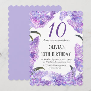 Rustic Lilac 10th Birthday Wildflower Birthday Invitation