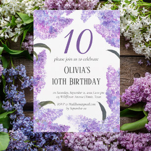 Rustic Lilac 10th Birthday Wildflower Birthday Invitation