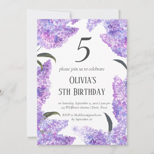 Rustic Lilac 5th Birthday Wildflower Birthday  Invitation (Front)