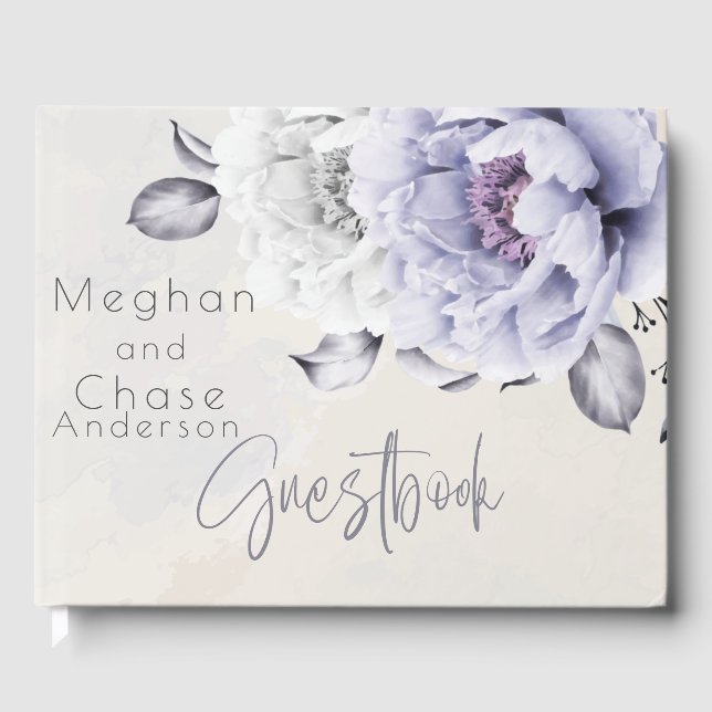 Rustic Lilac and Alabaster Peony Floral Guest Book (Front)