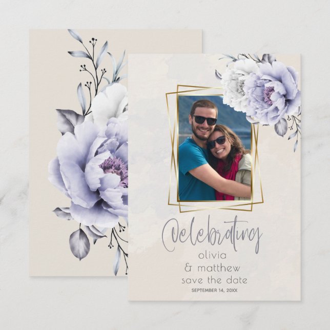 Rustic Lilac and Alabaster Peony Floral Wedding Invitation (Front/Back)