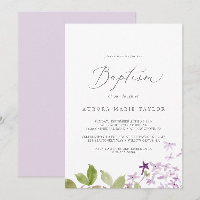 Rustic Lilac Baptism Invitation (Front/Back)