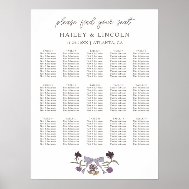 Rustic Lilac Bow Floral Wedding Seating Chart (Front)