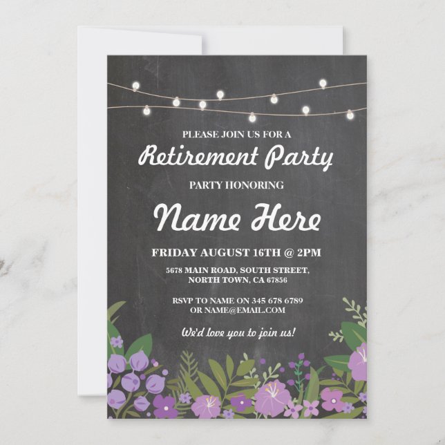 Rustic Lilac Flower Chalk Vintage Retirement Party Invitation (Front)