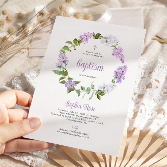 Rustic Lilac Flowers Baptism Invitation (Creator Uploaded)