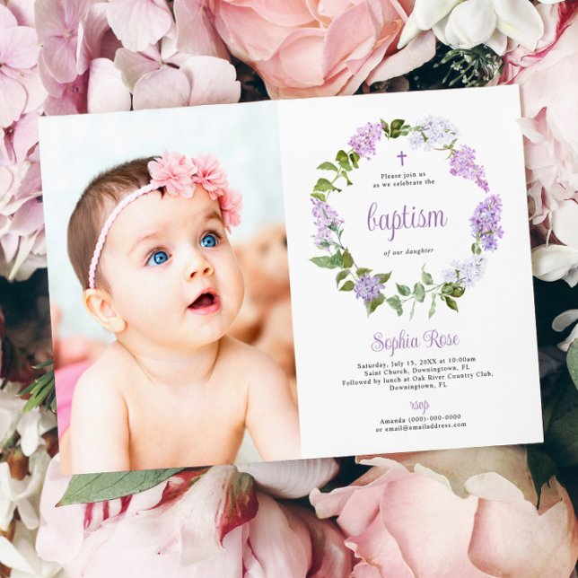 Rustic Lilac Flowers Photo Girl Baptism  Invitation (Creator Uploaded)
