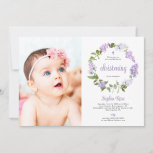 Rustic Lilac Flowers Photo Girl Christening Invitation