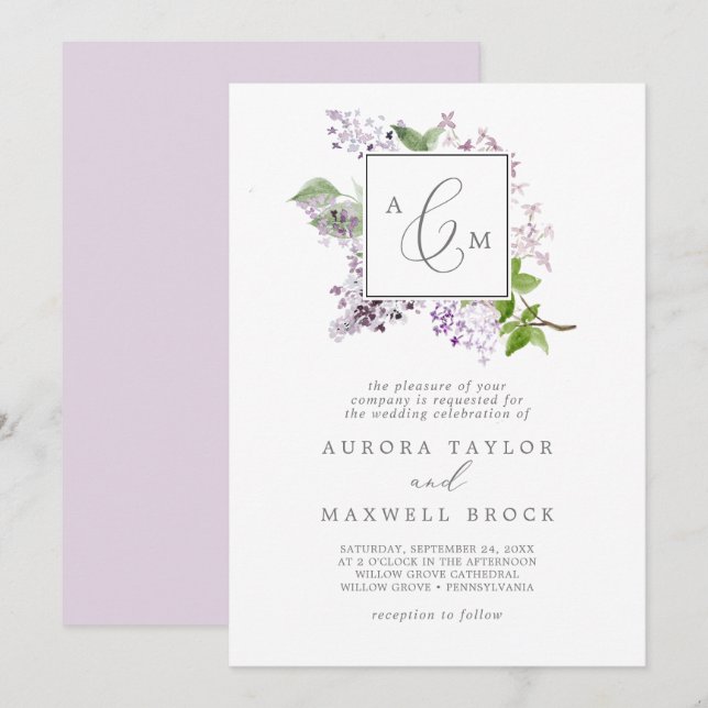 Rustic Lilac Formal Monogram Wedding Invitation (Front/Back)
