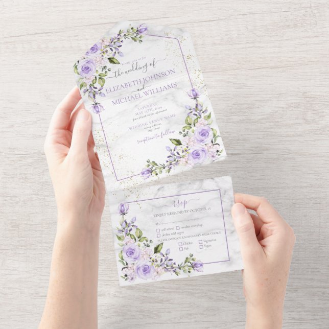 Rustic Lilac Lavender Gold Marble Floral Wedding All In One Invitation (Tearaway)