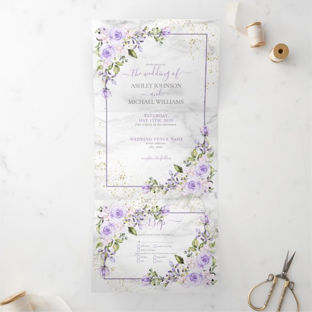 Rustic Lilac Lavender Gold Marble Photo Wedding Tri-Fold Invitation (Inside)