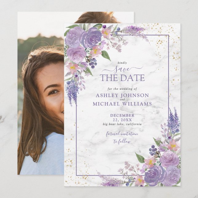 Rustic Lilac Lavender Gold Photo Save the Date (Front/Back)