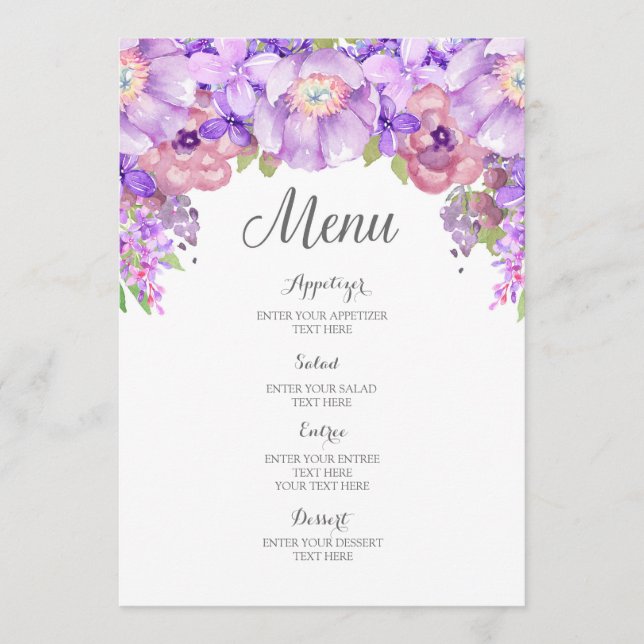 Rustic Lilac Purple Watercolor Floral Wedding Menu (Front)