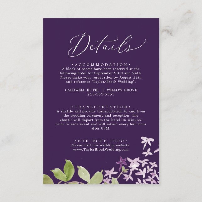 Rustic Lilac | Purple Wedding Details Enclosure Card (Front)