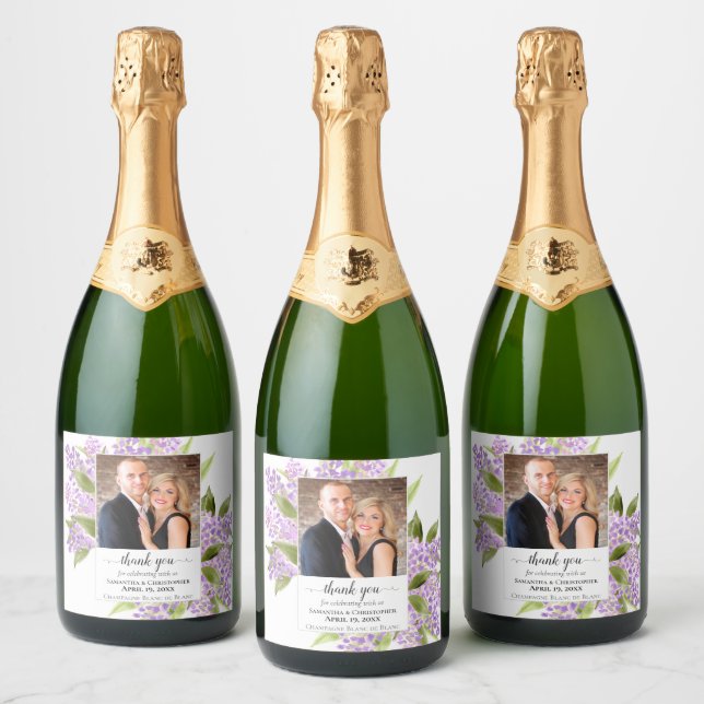 Rustic Lilacs Lavender Wedding Thank You Photo Sparkling Wine Label (Bottles)