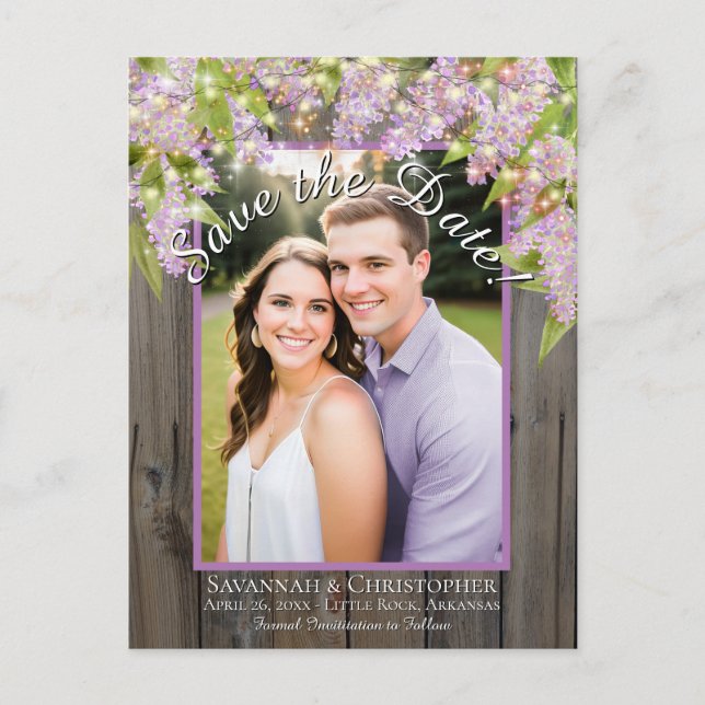 Rustic Lilacs on Wood Photo Wedding Save the Date Announcement Postcard (Front)