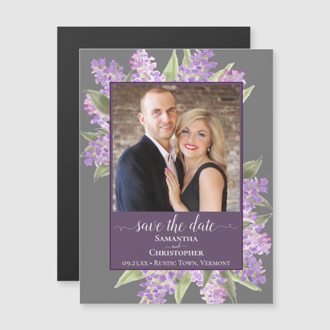 Rustic Lilacs & Photo Grey Wedding Save the Date Magnetic Invitation (Front/Back)