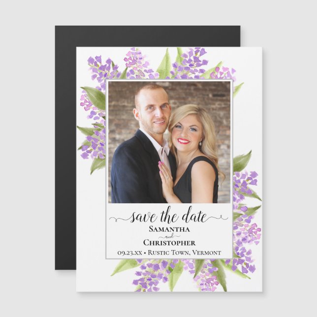 Rustic Lilacs &  Photo White Wedding Save the Date Magnetic Invitation (Front/Back)